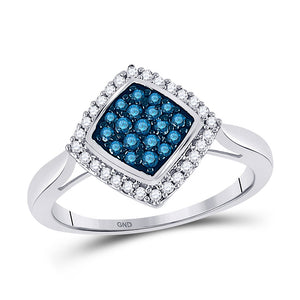 10k White Gold Blue Color Enhanced Round Diamond Womens Diagonal Square Cluster Ring 1/3 Cttw