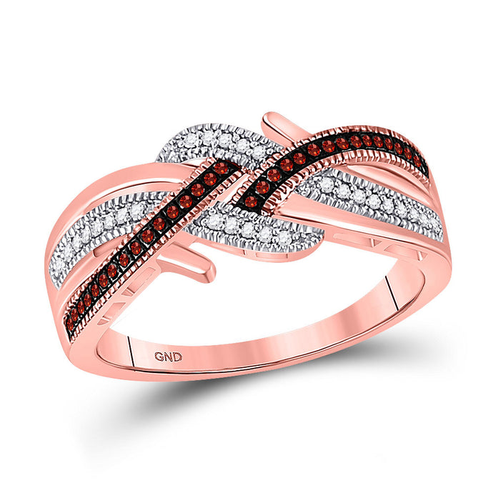 10kt Rose Gold Womens Round Red Color Enhanced Diamond Crossover Band Ring 1/6 Cttw