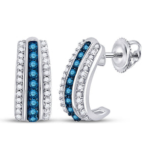 10kt White Gold Womens Round Blue Color Enhanced Diamond Half J Hoop Earrings 1/3 Cttw