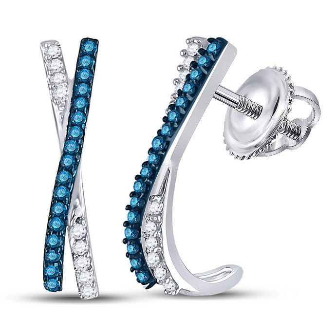 10kt White Gold Womens Round Blue Color Enhanced Diamond Half J Hoop Earrings 1/8 Cttw