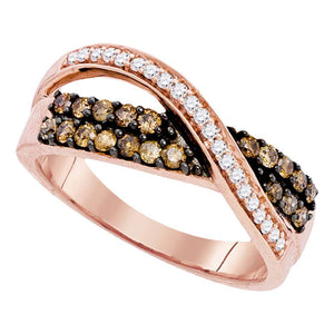 10kt Rose Gold Womens Round Brown Diamond Crossover Band Ring 1/2 Cttw