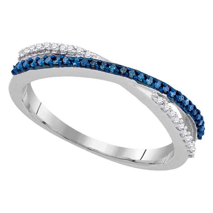 10kt White Gold Womens Round Blue Color Enhanced Diamond Slender Crossover Band 1/6 Cttw