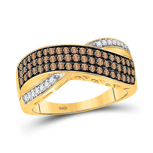10kt Yellow Gold Womens Round Brown Diamond Crossover Band Ring 3/4 Cttw