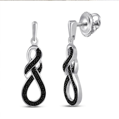 Sterling Silver Womens Round Black Color Enhanced Diamond Dangle Earrings 1/8 Cttw