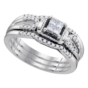 10kt White Gold Princess Diamond 3-Piece Bridal Wedding Ring Band Set 1/4 Cttw