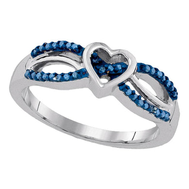 Sterling Silver Womens Round Blue Color Enhanced Diamond Double Row Heart Ring 1/10 Cttw
