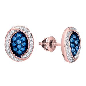 10kt Rose Gold Womens Round Blue Color Enhanced Diamond Oval Cluster Earrings 1/3 Cttw