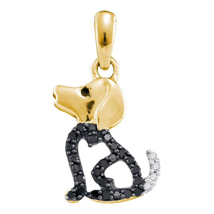 10kt Yellow Gold Womens Round Black Color Enhanced Diamond Puppy Dog Animal Pendant 1/8 Cttw