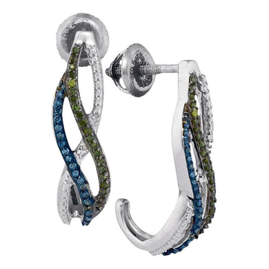 10kt White Gold Womens Round Green Blue Color Enhanced Diamond Half J Hoop Earrings 1/4 Cttw