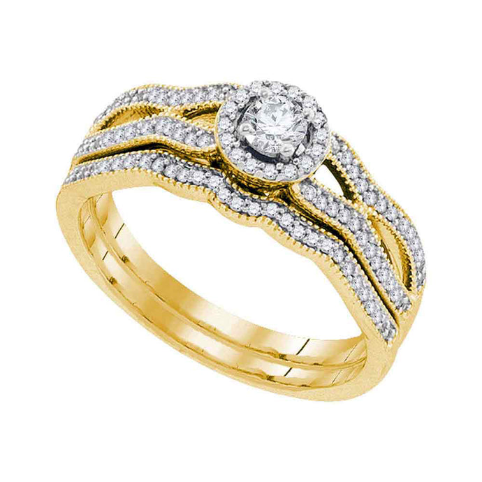 10kt Yellow Gold Round Diamond Milgrain Bridal Wedding Ring Band Set 3/8 Cttw
