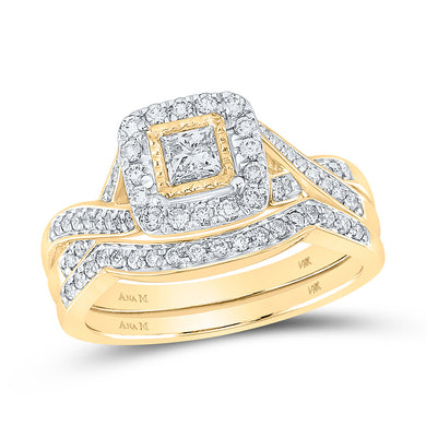 14kt Yellow Gold Princess Diamond Halo Bridal Wedding Ring Band Set 5/8 Cttw
