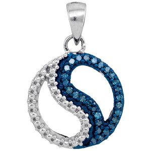 10kt White Gold Womens Round Blue Color Enhanced Diamond Circle Ying Yang Pendant 1/10 Cttw