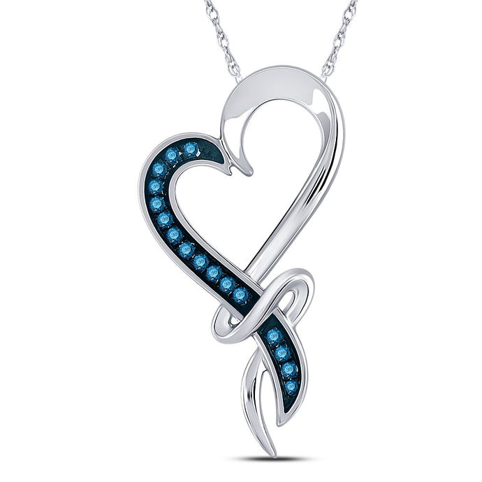 10kt White Gold Womens Round Blue Color Enhanced Diamond Heart Pendant 1/10 Cttw