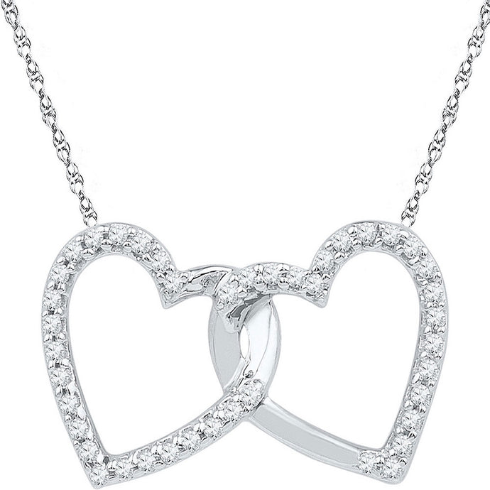 10kt White Gold Womens Round Diamond Double Linked Heart Pendant 1/6 Cttw