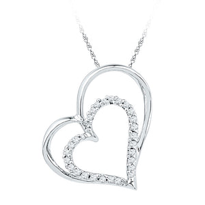 10kt White Gold Womens Round Diamond Double Heart Outline Pendant 1/8 Cttw