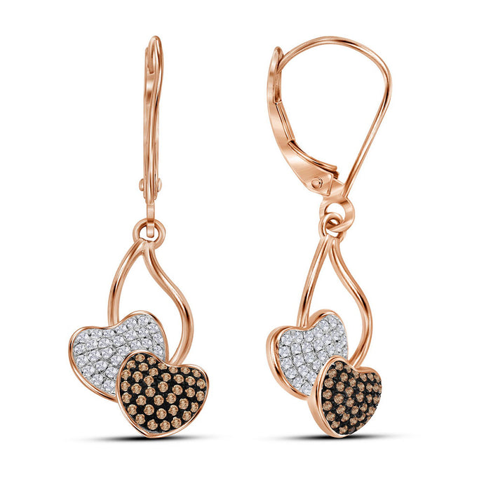 10kt Rose Gold Womens Round Red Color Enhanced Diamond Heart Dangle Earrings 1/3 Cttw