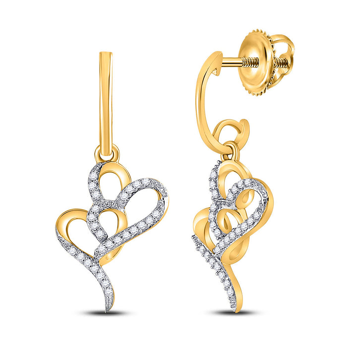 10kt Yellow Gold Womens Round Diamond Heart Dangle Earrings 1/6 Cttw