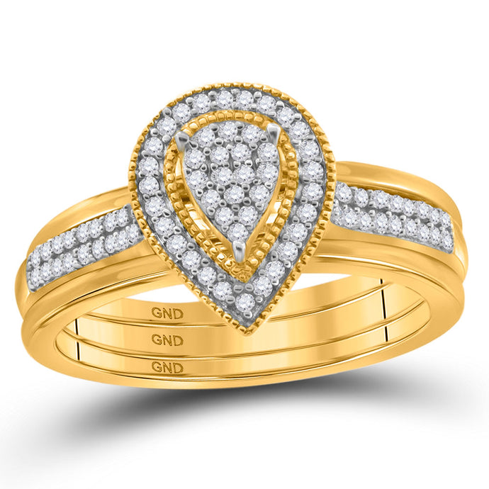 10kt Yellow Gold Diamond Teardrop Cluster Bridal Wedding Ring Band Set 1/5 Cttw