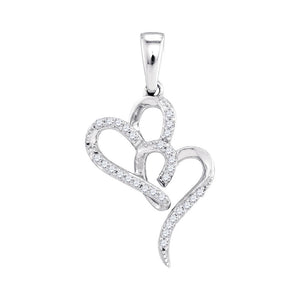 10kt White Gold Womens Round Diamond Double Heart Pendant 1/10 Cttw