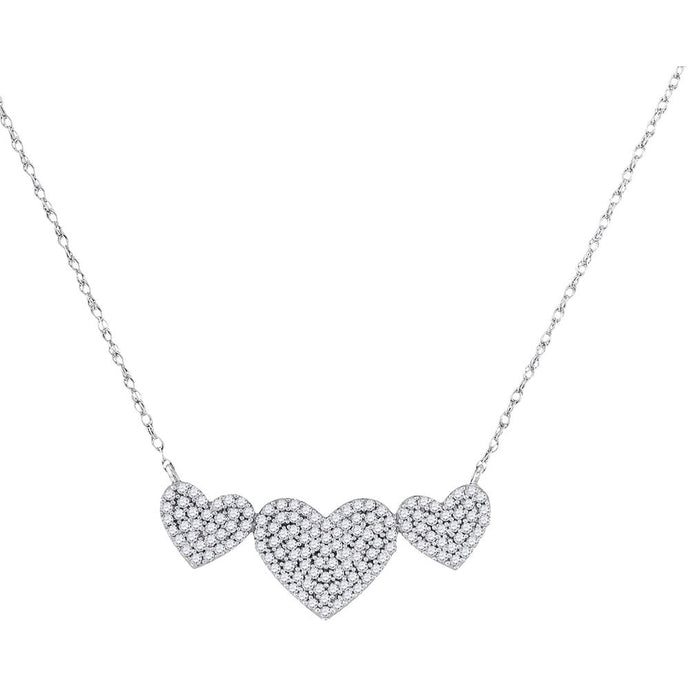 10kt White Gold Womens Round Diamond Triple Heart Cluster Pendant Necklace 3/8 Cttw