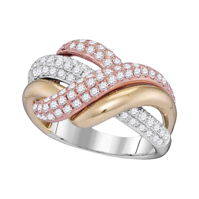 14kt Tri-Tone Gold Womens Round Diamond Crossover Band Ring 1-1/3 Cttw