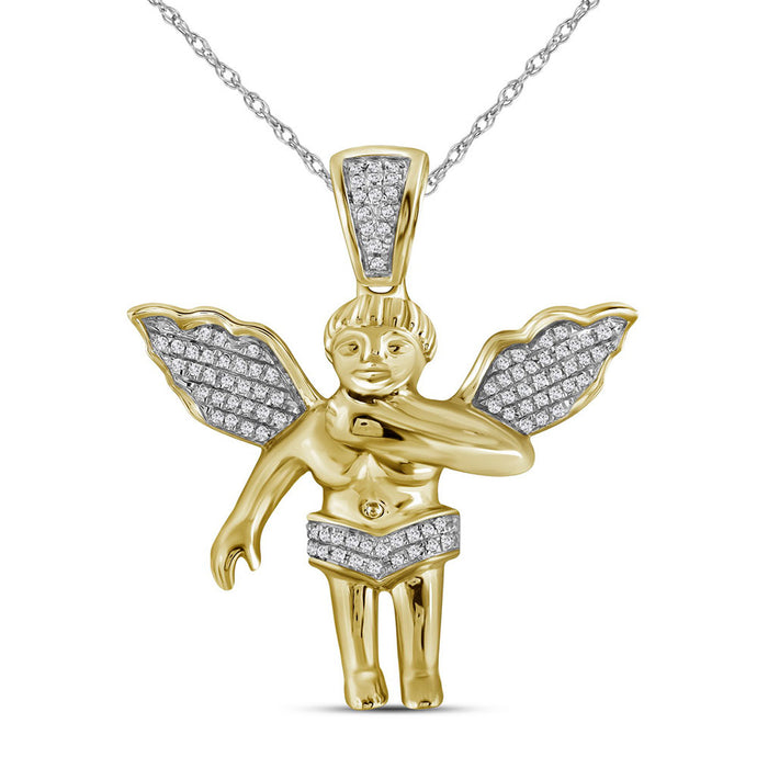 10k Yellow Gold Mens Diamond Polished 3D Guardian Angel Cherub Charm Pendant 1/6 Cttw