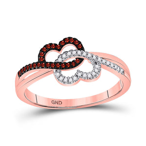 10kt Rose Gold Womens Round Red Color Enhanced Diamond Double Linked Heart Ring 1/6 Cttw
