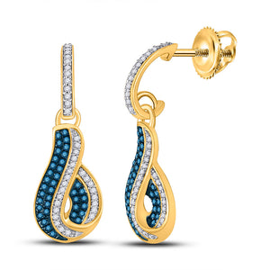 10kt Yellow Gold Womens Round Blue Color Enhanced Diamond Dangle Earrings 3/8 Cttw