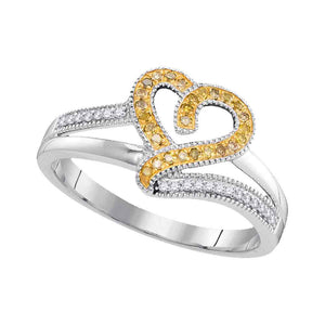 10kt White Gold Womens Round Yellow Color Enhanced Diamond Heart Ring 1/8 Cttw