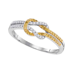 10k White Gold Womens Round Yellow Color Enhanced Diamond Knot Lasso Band Ring