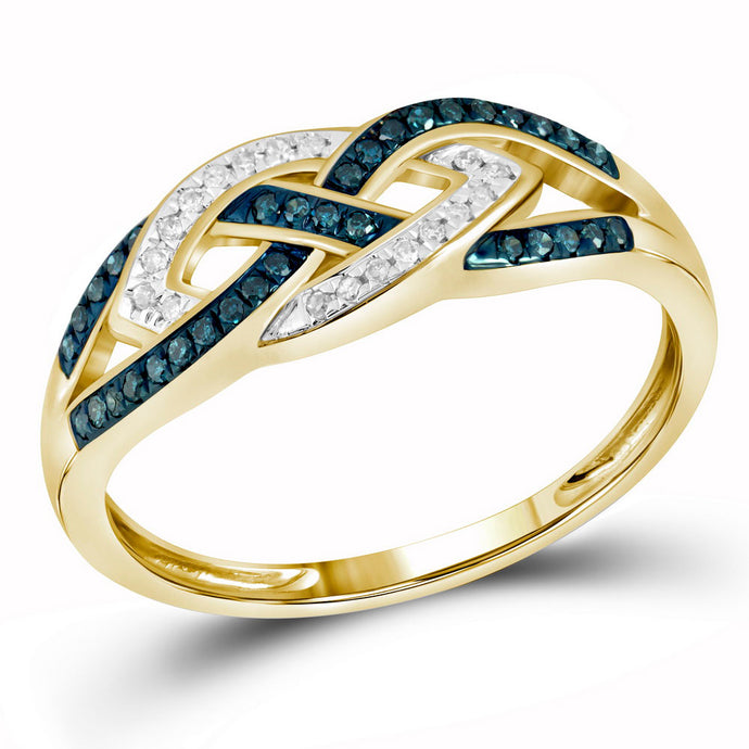 10kt Yellow Gold Womens Round Blue Color Enhanced Diamond Crossover Braid Ring 1/6 Cttw