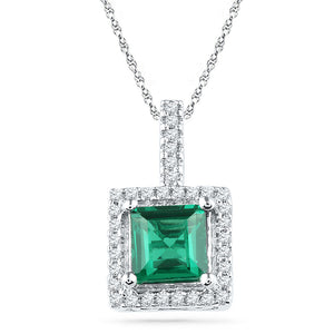 10kt White Gold Womens Cushion Lab-Created Emerald Solitaire & Diamond Pendant 1-3/8 Cttw