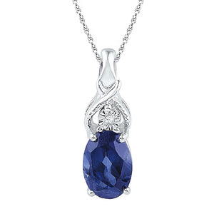10kt White Gold Womens Oval Lab-Created Blue Sapphire Solitaire Diamond Pendant 7/8 Cttw
