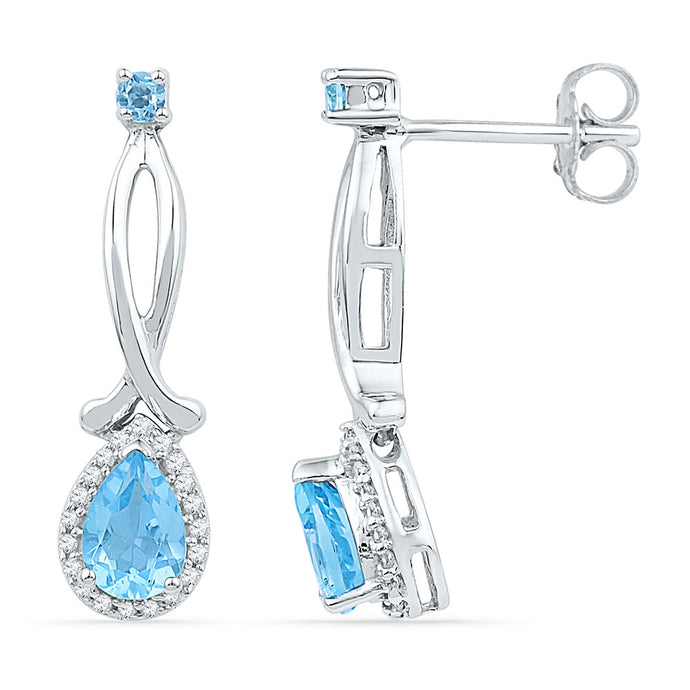 10kt White Gold Womens Pear Lab-Created Blue Topaz Diamond Dangle Earrings 1 Cttw
