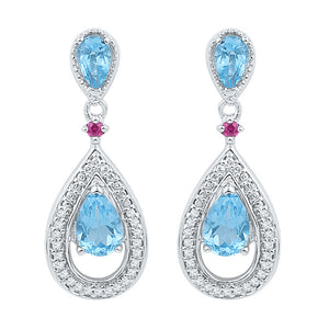 10kt White Gold Womens Oval Lab-Created Blue Topaz Diamond Dangle Earrings 1-5/8 Cttw