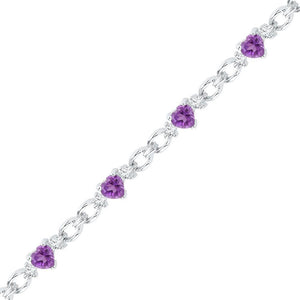 Sterling Silver Womens Heart Lab-Created Amethyst Heart Bracelet 5-1/2 Cttw