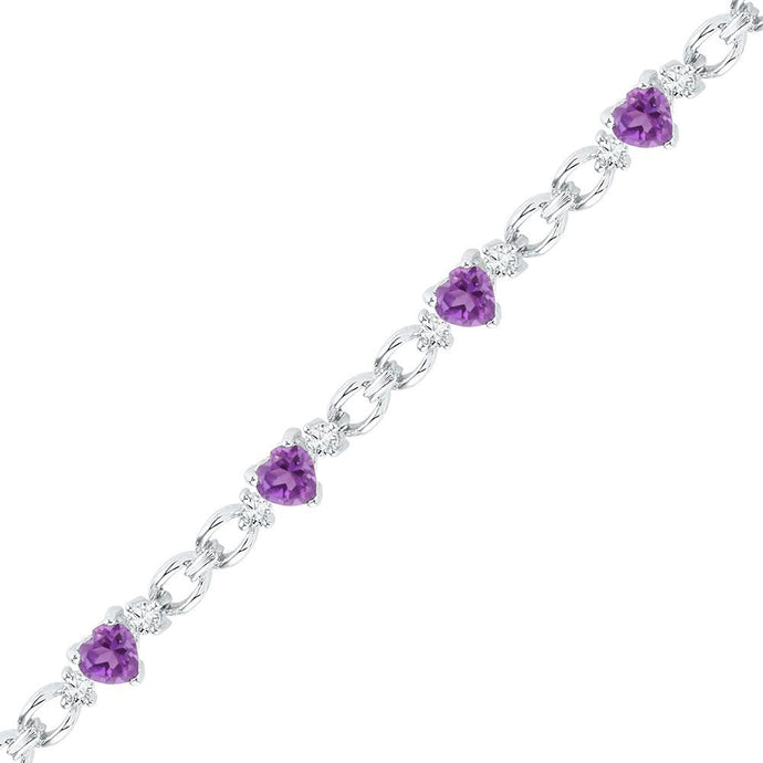 Sterling Silver Womens Heart Lab-Created Amethyst Heart Bracelet 5-1/2 Cttw