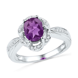 10kt White Gold Womens Oval Lab-Created Amethyst Solitaire Diamond-accent Ring 1-3/4 Cttw