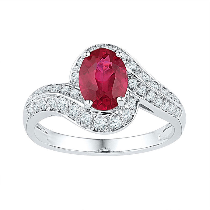10kt White Gold Womens Oval Lab-Created Ruby Solitaire Ring 2 Cttw