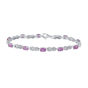 Sterling Silver Womens Oval Lab-Created Pink Sapphire Fashion Bracelet 3-7/8 Cttw